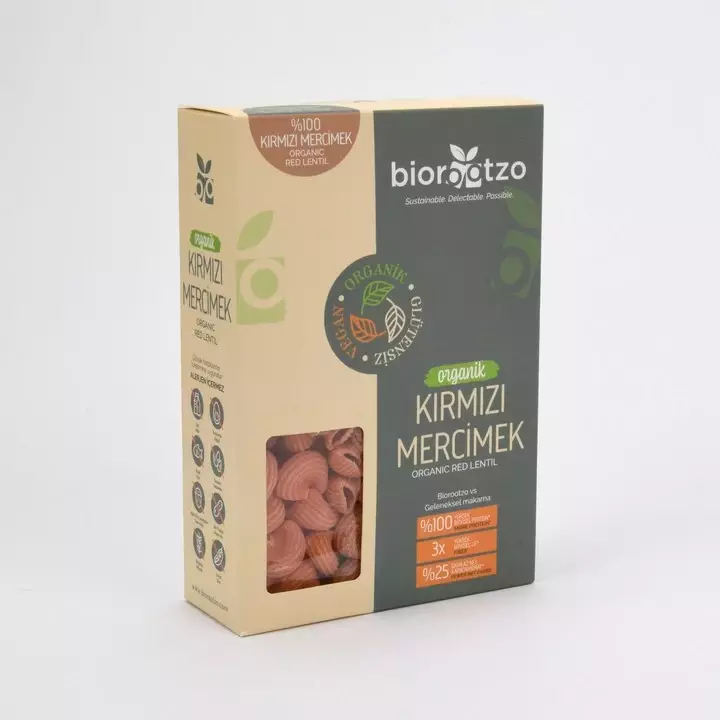 Biorootzo Artizan Kırmızı Mercimek Unlu Mantı Makarna Pipe Rigate Glütensiz Vegan (200 gr) - 1