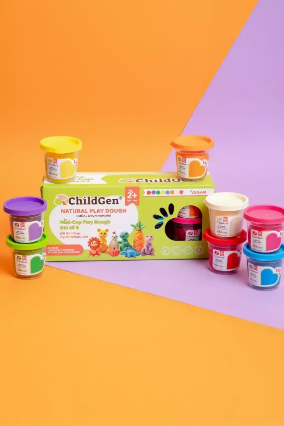 ChildGen Doğal Oyun Hamuru Mini-Cup 8'li Set (Kırmızı & Turuncu & Mavi & Yeşil & Sarı & Pembe & Beyaz & Mor) (8x65 gr) - 5