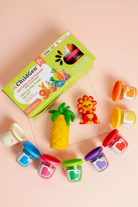 ChildGen Doğal Oyun Hamuru Mini-Cup 8'li Set (Kırmızı & Turuncu & Mavi & Yeşil & Sarı & Pembe & Beyaz & Mor) (8x65 gr) - 7