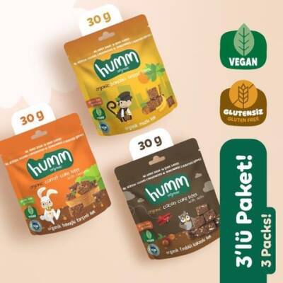 Humm Organik Kek 3'lü Set (Muzlu & Havuçlu ve Tarçınlı & Kakaolu ve Fındıklı)