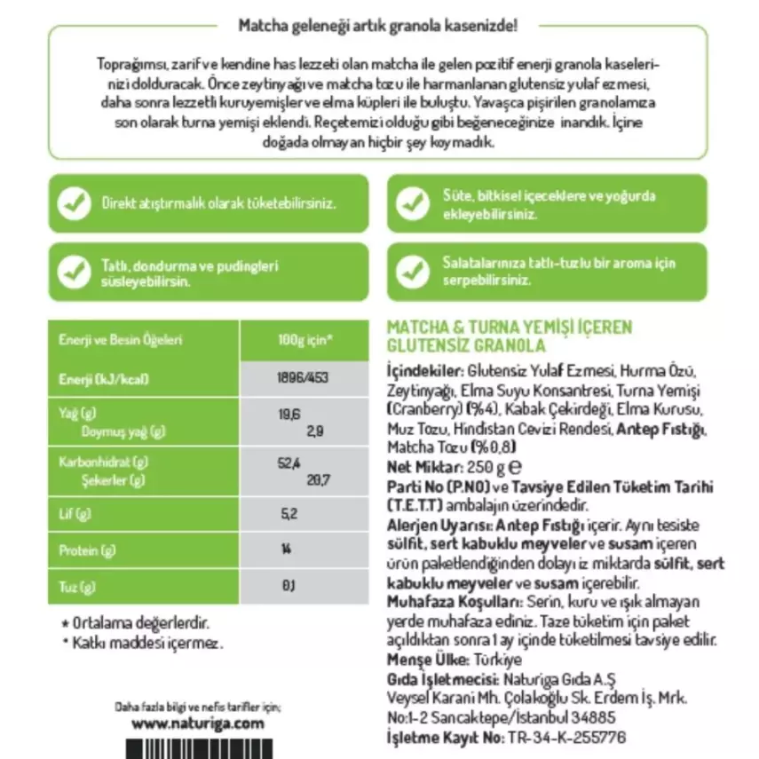 Naturiga Glutensiz Matcha & Cranberry Granola (250 gr) - 4