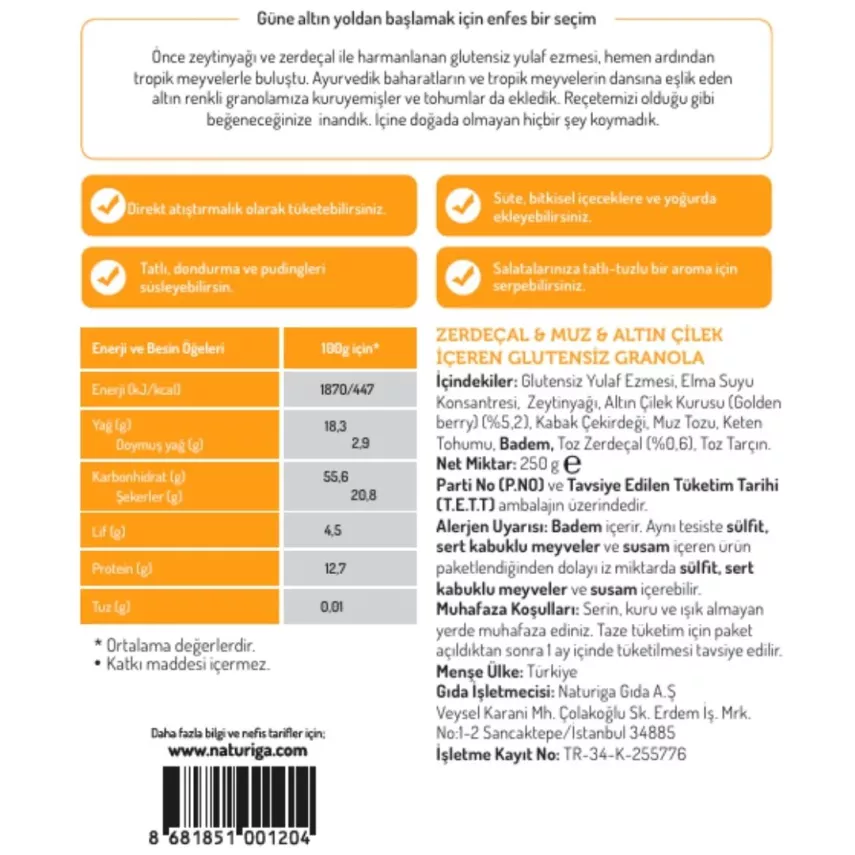 Naturiga Zerdeçal & Altın Çilek Granola Glutensiz (250 gr) - 3