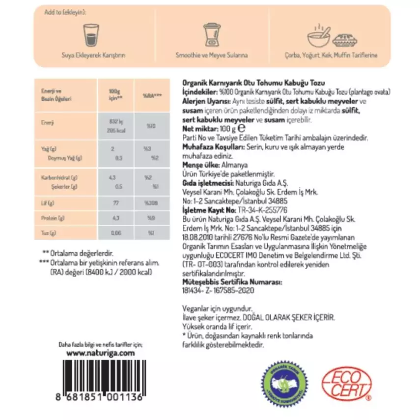 Naturiga Organik Karnıyarık Otu Tohumu Tozu (Psyllium Husk) 100 gr - 2