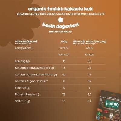 Humm Organik Kakaolu ve Fındıklı Kek Glutensiz Vegan (30 gr) - 4