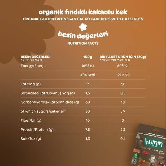 Humm Organik Kakaolu ve Fındıklı Kek Glutensiz Vegan (30 gr) - 4