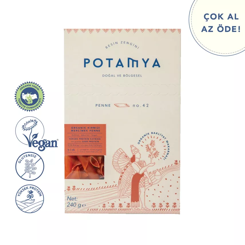 Potamya Organik Kırmızı Mercimek Penne Makarna Glutensiz (240 gr)  - 1