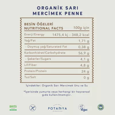 Potamya Organik Sarı Mercimek Penne Makarna Glutensiz (240 gr) (1)