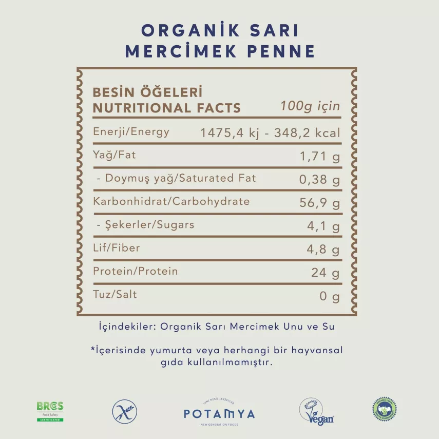 Potamya Organik Sarı Mercimek Penne Makarna Glutensiz (240 gr) - 2