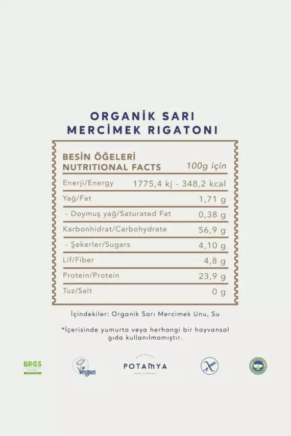 Potamya Organik Sarı Mercimek Rigatoni Makarna (240 gr) - 4