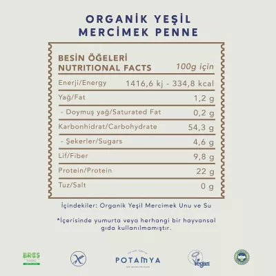 Potamya Organik Yeşi Mercimek Penne Makarna Glutensiz (240 gr) (1)