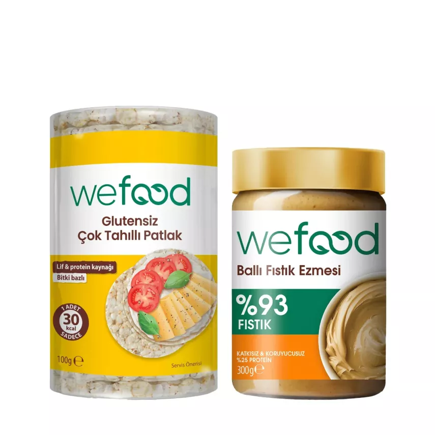 Wefood Ballı Fıstık Ezmesi Şekersiz (300 gr) ve Çok Tahıllı Patlak Glutensiz (100 gr) 2'li Set - 1