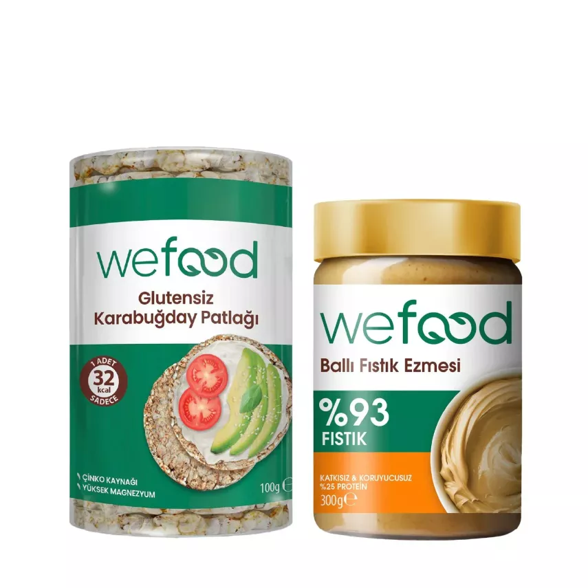 Wefood Ballı Fıstık Ezmesi Şekersiz (300 gr) ve Karabuğday Patlağı Glutensiz (100 gr) 2'li Set - 1