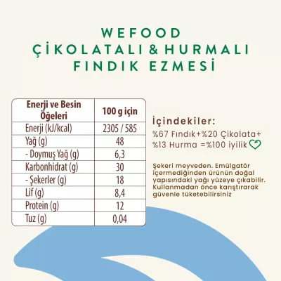 Wefood Çikolatalı Hurmalı Fındık Ezmesi (Şekersiz, Katkısız) 200 gr - 6